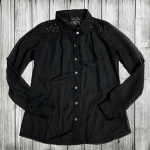 Sheer Button Down Top Sexy Gold Lace Shoulder Fall Shirt Blouse